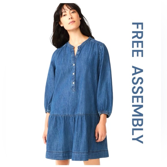 FREE ASSEMBLY Denim Puff Sleeve Tiered Mini Dress, Size XL. - Picture 1 of 11